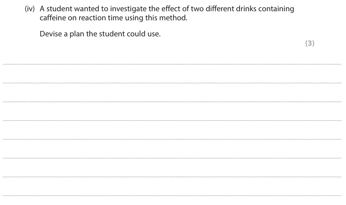 June 2025 Paper 1 Higher, question 8(a)(iv): A student wanted to investigate the effect of two different drinks containing caffeine on reaction time using this method. Devise a plan the student could use.