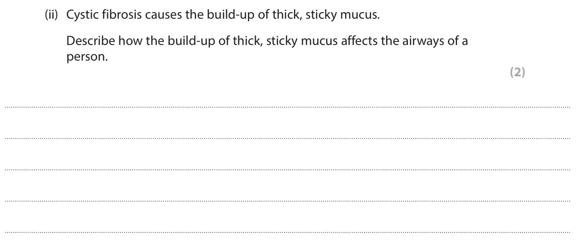 June 2025 Paper 1 Higher, question 9(a)(ii): Cystic fibrosis causes the build‑up of thick, sticky mucus. Describe how the build-up of thick, sticky mucus affects the airways of a person. (2)