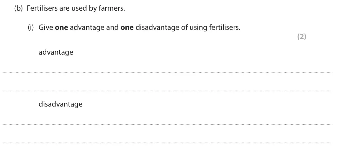 June 2025 Paper 1 Higher, question 10(b)(i): Give one advantage and one disadvantage of using fertilisers. (2) advantage disadvantage