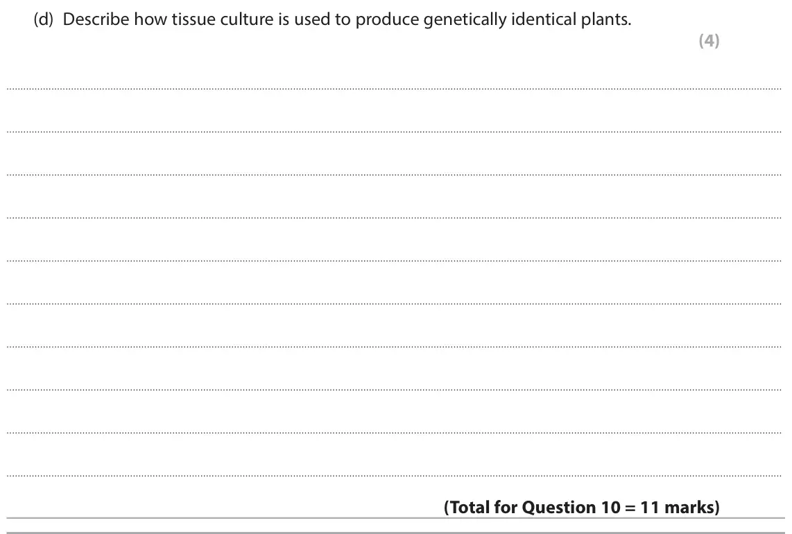 June 2025 Paper 1 Higher, question 10(d): Describe how tissue culture is used to produce genetically identical plants. (4)