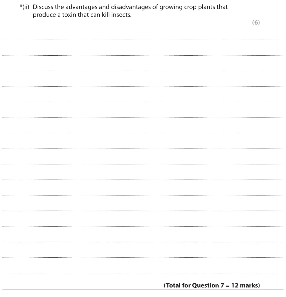 November 2020 Paper 1 Higher, question 7(b)(ii): Discuss the advantages and disadvantages of growing crop plants that produce a toxin that can kill insects. (6)