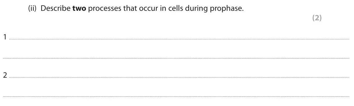 November 2021 Paper 1 Higher, question 5(a)(ii): Describe two processes that occur in cells during prophase. (2) 1 2