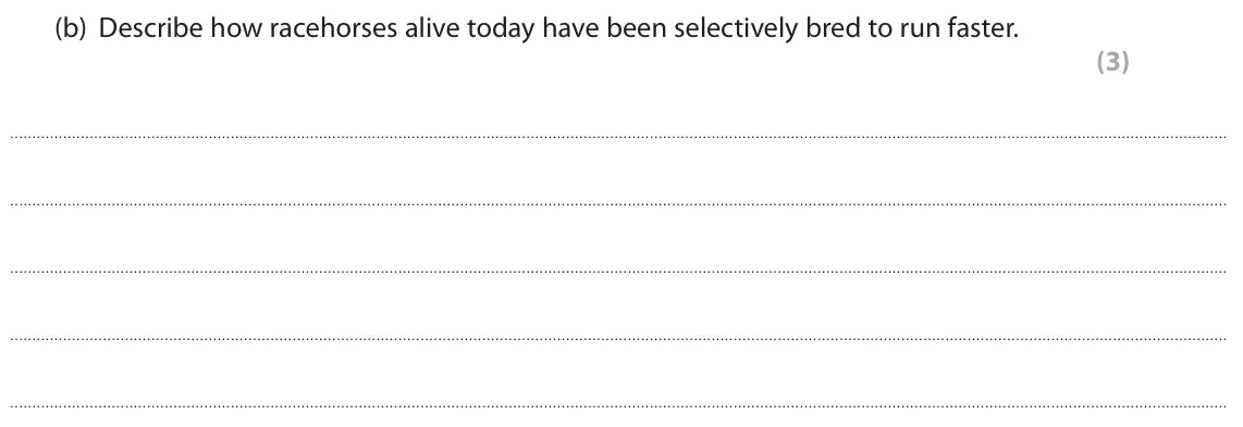 November 2021 Paper 1 Higher, question 7(b): Describe how racehorses alive today have been selectively bred to run faster. (3)