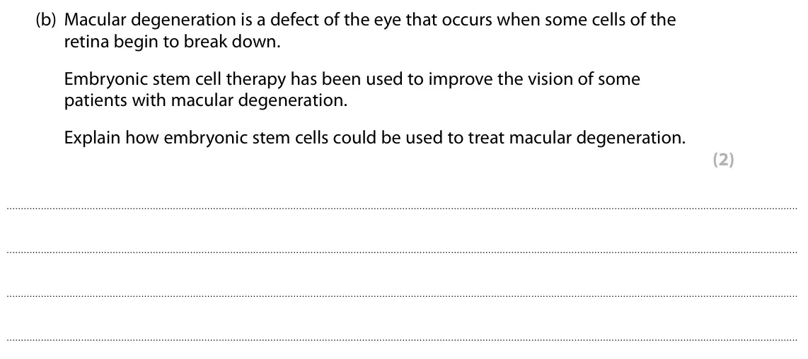 Specimen Paper 1 Higher, question 7(b): Macular degeneration is a defect of the eye that occurs when some cells of the retina begin to break down. Embryonic stem cell therapy has been used to improve