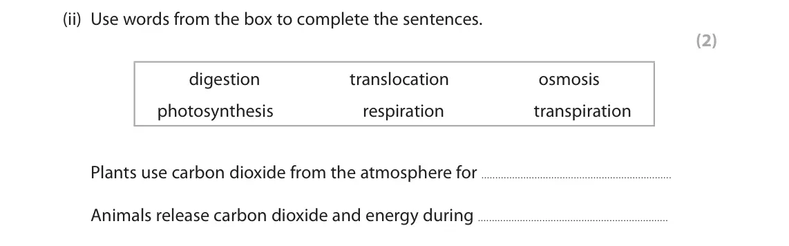 June 2022 Paper 2 Foundation, question 1(a)(ii): Use words from the box to complete the sentences. (2) digestion translocation osmosis photosynthesis respiration transpiration Plants use carbon dioxide from th