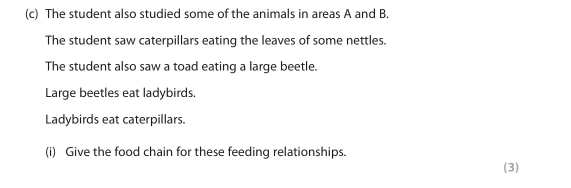 June 2022 Paper 2 Foundation, question 10(c)(i): Give the food chain for these feeding relationships. (3)