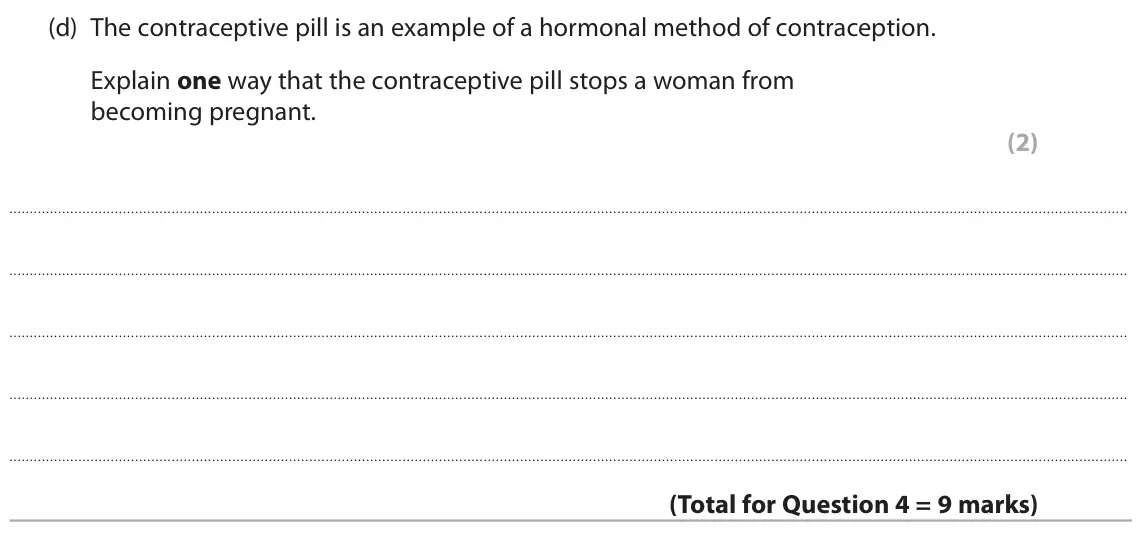 June 2023 Paper 2 Foundation, question 4(d): The contraceptive pill is an example of a hormonal method of contraception. Explain one way that the contraceptive pill stops a woman from becoming pregnant. (2