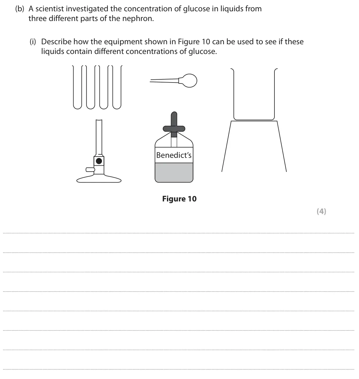 June 2023 Paper 2 Foundation, question 5(b)(i): Describe how the equipment shown in Figure 10 can be used to see if these liquids contain different concentrations of glucose. Benedict’s Figure 10 (4)