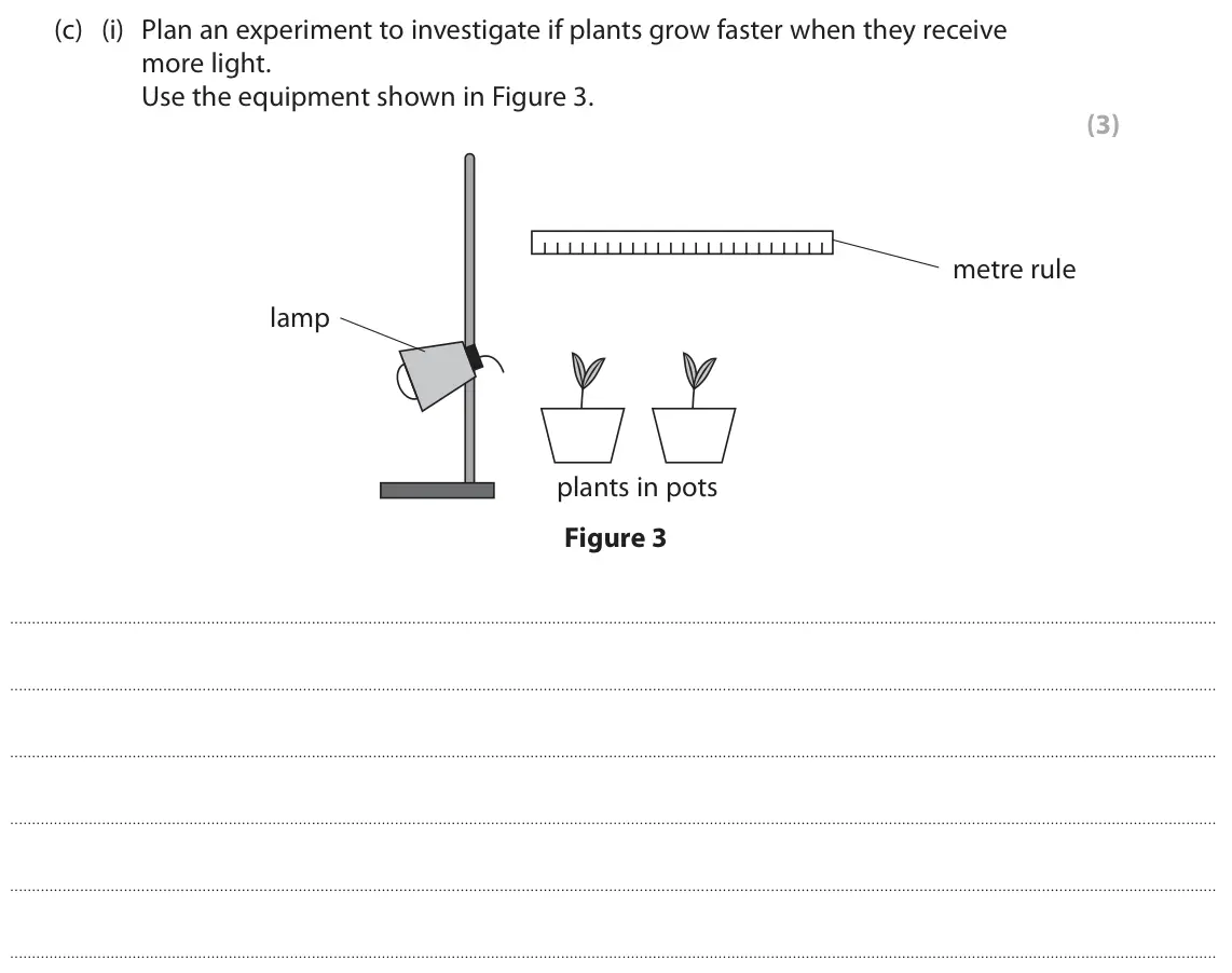 June 2024 Paper 2 Foundation, question 2(c)(i): Plan an experiment to investigate if plants grow faster when they receive more light. Use the equipment shown in Figure 3. (3) metre rule lamp plants in pots Fi
