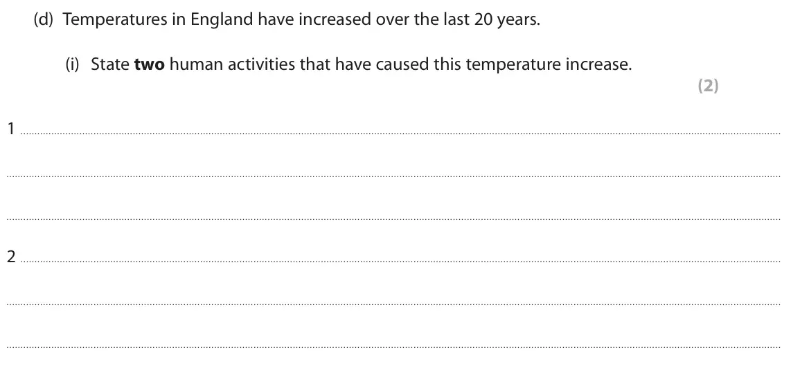 June 2024 Paper 2 Foundation, question 3(d)(i): State two human activities that have caused this temperature increase. (2) 1 2