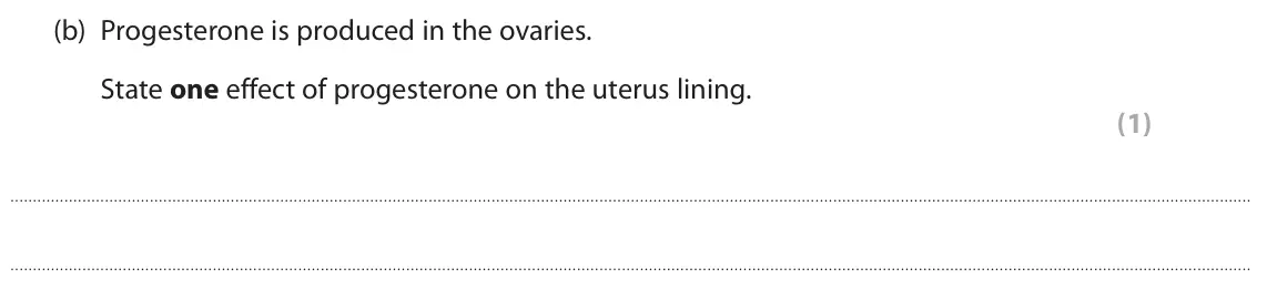 June 2024 Paper 2 Foundation, question 4(b): Progesterone is produced in the ovaries. State one effect of progesterone on the uterus lining. (1)