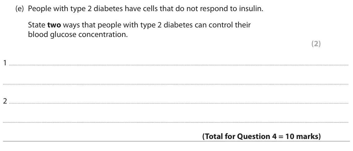 June 2024 Paper 2 Foundation, question 4(e): People with type 2 diabetes have cells that do not respond to insulin. State two ways that people with type 2 diabetes can control their blood glucose concentra