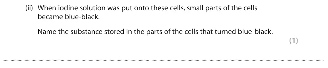 June 2024 Paper 2 Foundation, question 5(a)(ii): When iodine solution was put onto these cells, small parts of the cells became blue‑black. Name the substance stored in the parts of the cells that turned blue‑