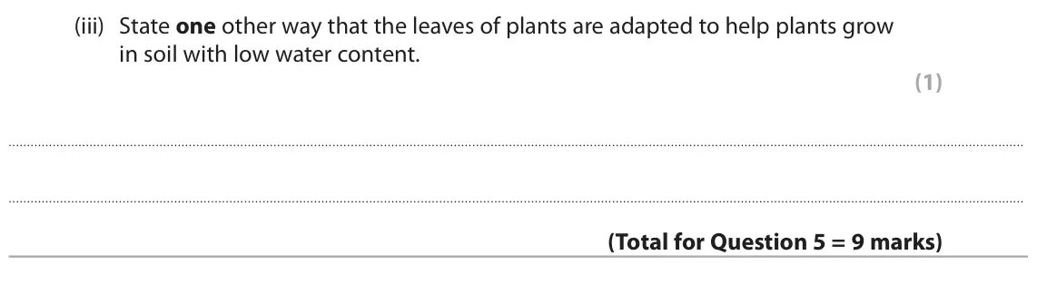 June 2024 Paper 2 Foundation, question 5(b)(iii): State one other way that the leaves of plants are adapted to help plants grow in soil with low water content. (1)