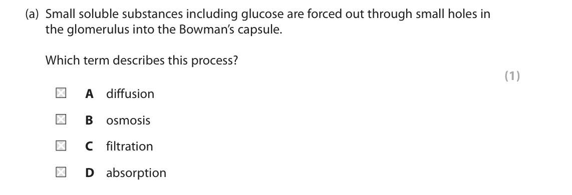 June 2024 Paper 2 Foundation, question 7(a): Small soluble substances including glucose are forced out through small holes in the glomerulus into the Bowman’s capsule. Which term describes this process? (1