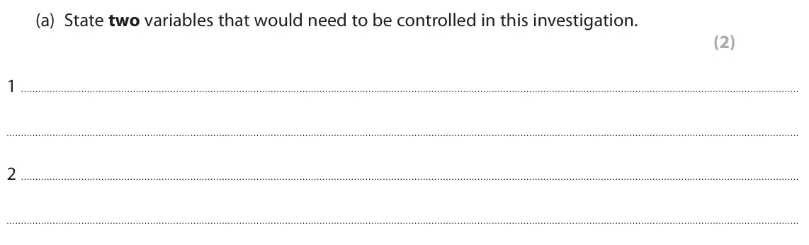 June 2024 Paper 2 Foundation, question 10(a): State two variables that would need to be controlled in this investigation. (2) 1 2