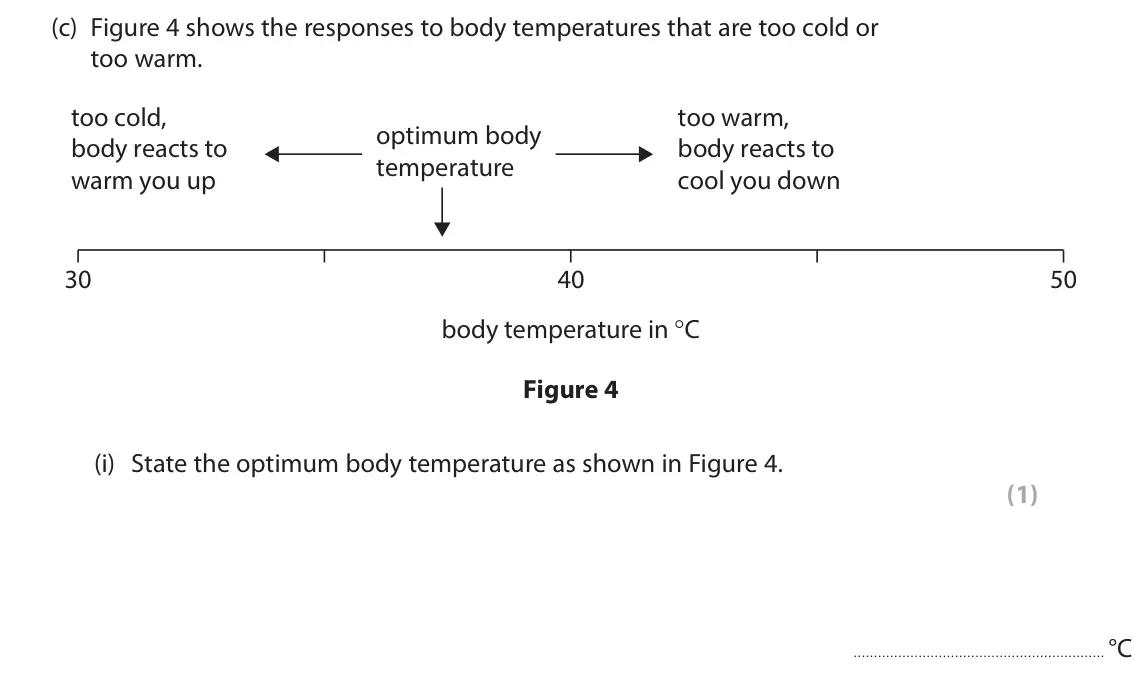 June 2025 Paper 2 Foundation, question 3(c)(i): State the optimum body temperature as shown in Figure 4. (1) °C