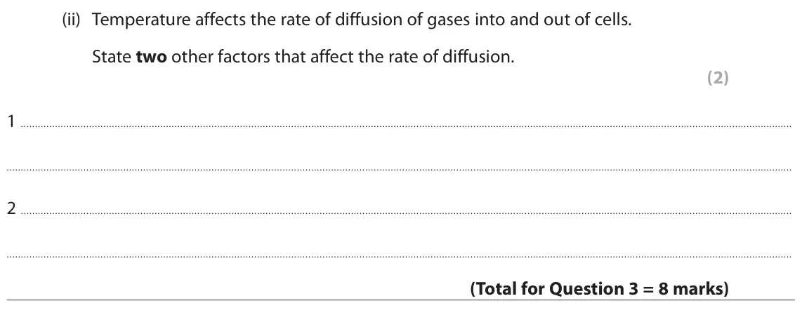 June 2025 Paper 2 Foundation, question 3(c)(ii): Temperature affects the rate of diffusion of gases into and out of cells. State two other factors that affect the rate of diffusion. (2) 1 2