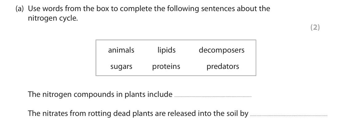 June 2025 Paper 2 Foundation, question 4(a): Use words from the box to complete the following sentences about the nitrogen cycle. (2) animals lipids decomposers sugars proteins predators The nitrogen compo