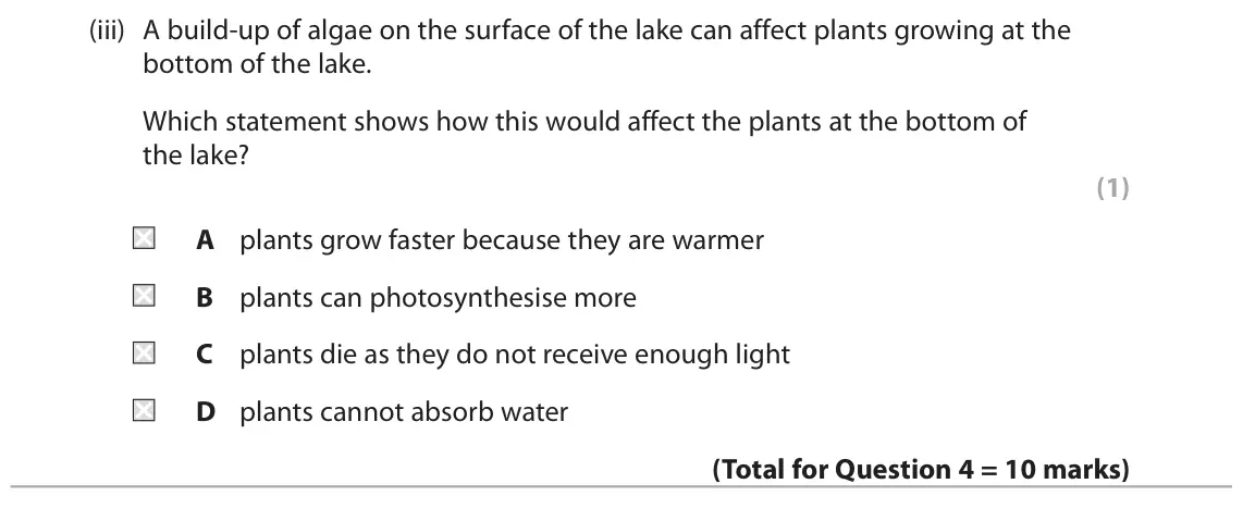 June 2025 Paper 2 Foundation, question 4(c)(iii): A build-up of algae on the surface of the lake can affect plants growing at the bottom of the lake. Which statement shows how this would affect the plants at th