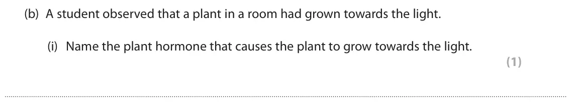 June 2025 Paper 2 Foundation, question 5(b)(i): Name the plant hormone that causes the plant to grow towards the light. (1)