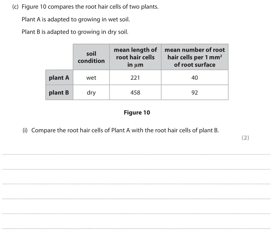 June 2025 Paper 2 Foundation, question 5(c)(i): Compare the root hair cells of Plant A with the root hair cells of plant B. (2)