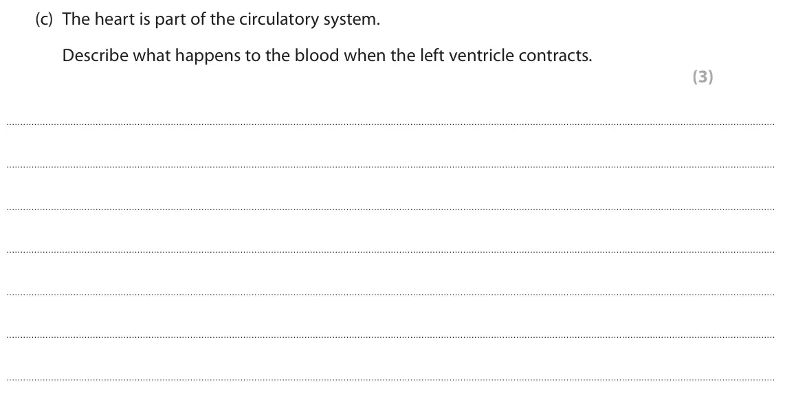 June 2025 Paper 2 Foundation, question 6(c): The heart is part of the circulatory system. Describe what happens to the blood when the left ventricle contracts. (3)