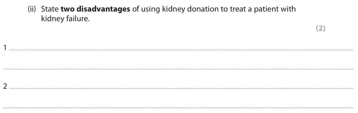 June 2025 Paper 2 Foundation, question 7(c)(ii): State two disadvantages of using kidney donation to treat a patient with kidney failure. (2) 1 2