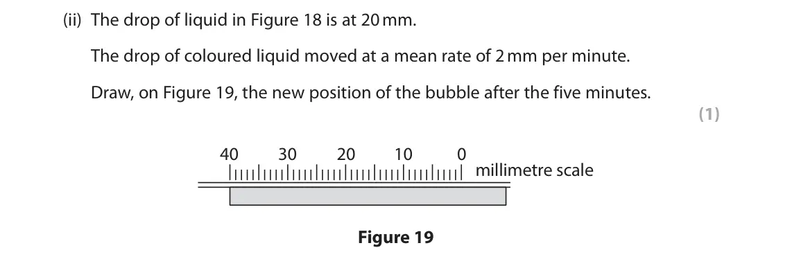 June 2025 Paper 2 Foundation, question 8(d)(ii): The drop of liquid in Figure 18 is at 20 mm. The drop of coloured liquid moved at a mean rate of 2 mm per minute. Draw, on Figure 19, the new position of the bu