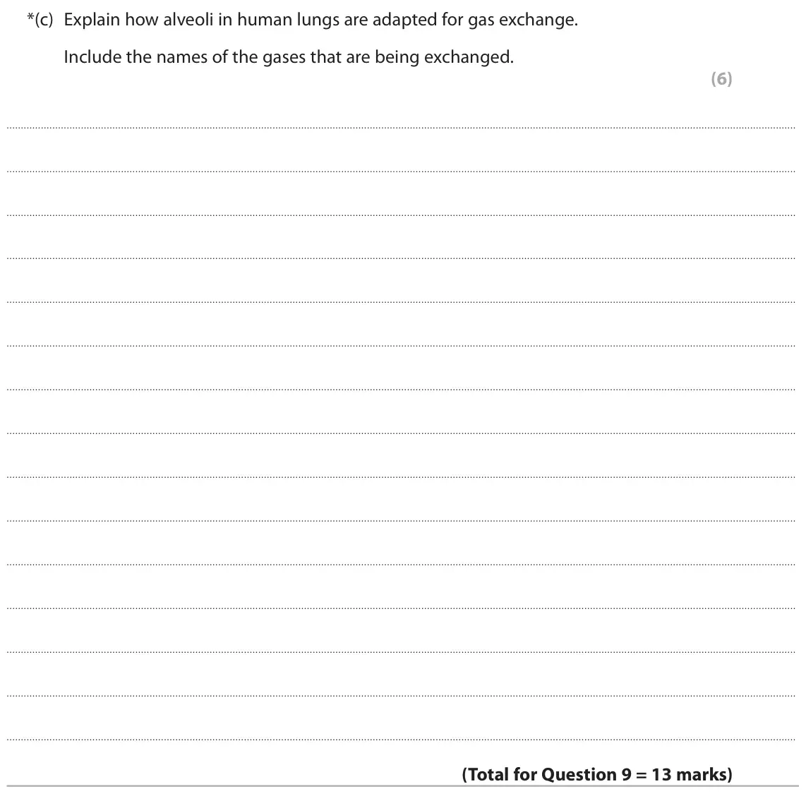 November 2021 Paper 2 Foundation, question 9(c): Explain how alveoli in human lungs are adapted for gas exchange. Include the names of the gases that are being exchanged. (6)
