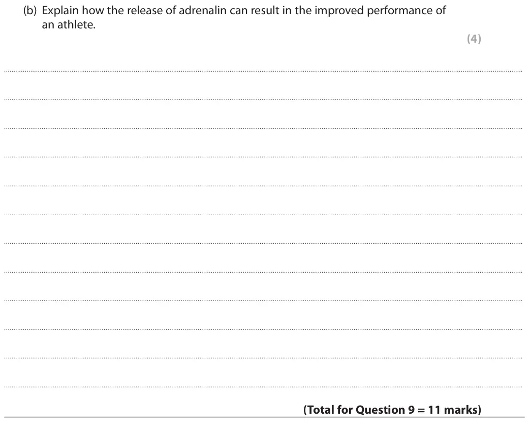 June 2018 Paper 2 Higher, question 9(b): Explain how the release of adrenalin can result in the improved performance of an athlete. (4)