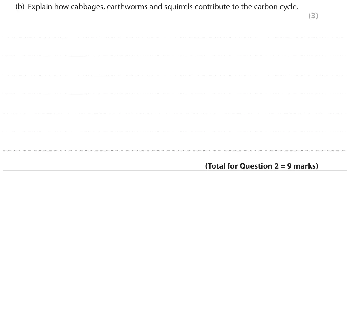 June 2019 Paper 2 Higher, question 2(b): Explain how cabbages, earthworms and squirrels contribute to the carbon cycle. (3)