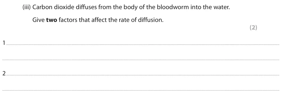 June 2022 Paper 2 Higher, question 1(a)(iii): Carbon dioxide diffuses from the body of the bloodworm into the water. Give two factors that affect the rate of diffusion. (2) 1 2