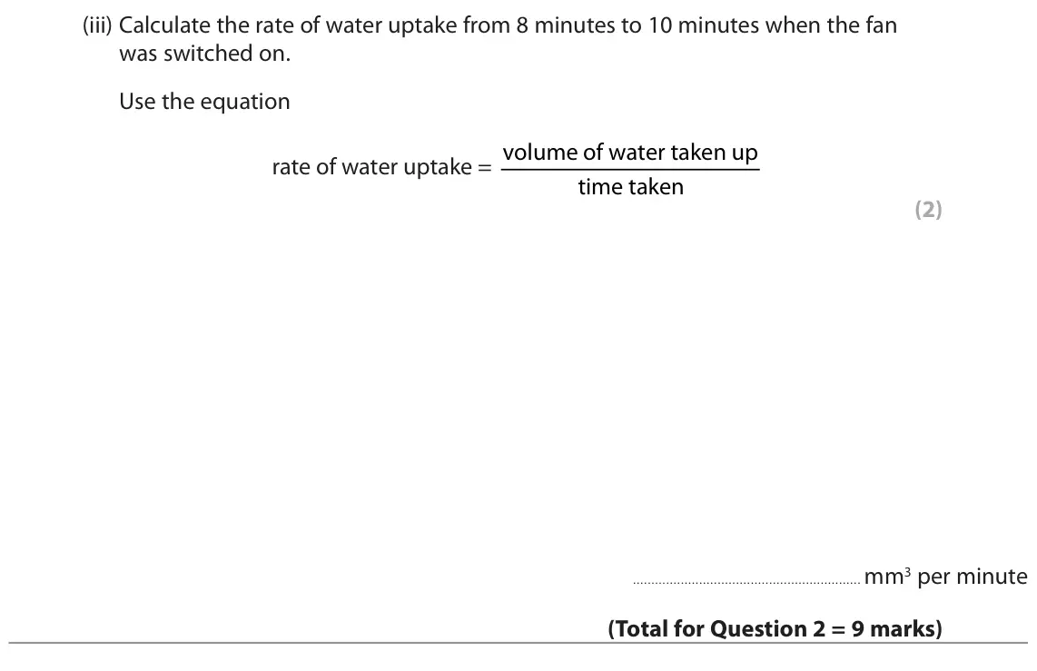 June 2022 Paper 2 Higher, question 2(b)(iii): Calculate the rate of water uptake from 8 minutes to 10 minutes when the fan was switched on. Use the equation rate of water uptake = volume of water taken up t
