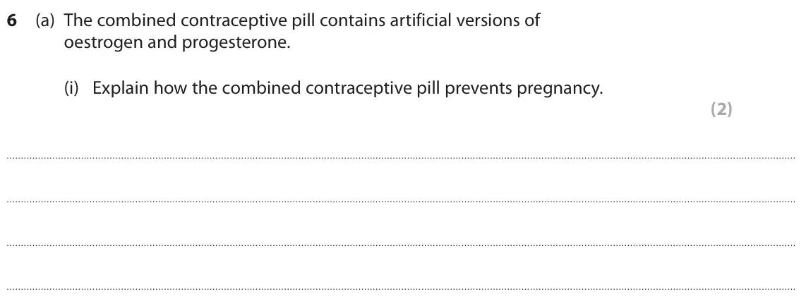 June 2022 Paper 2 Higher, question 6(a)(i): Explain how the combined contraceptive pill prevents pregnancy. (2)