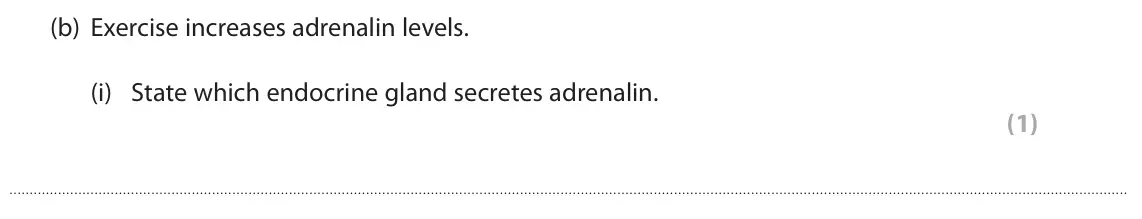 June 2022 Paper 2 Higher, question 8(b)(i): State which endocrine gland secretes adrenalin. (1)
