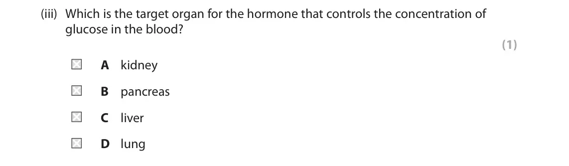 June 2023 Paper 2 Higher, question 2(b)(iii): Which is the target organ for the hormone that controls the concentration of glucose in the blood? (1) A kidney B pancreas C liver D lung