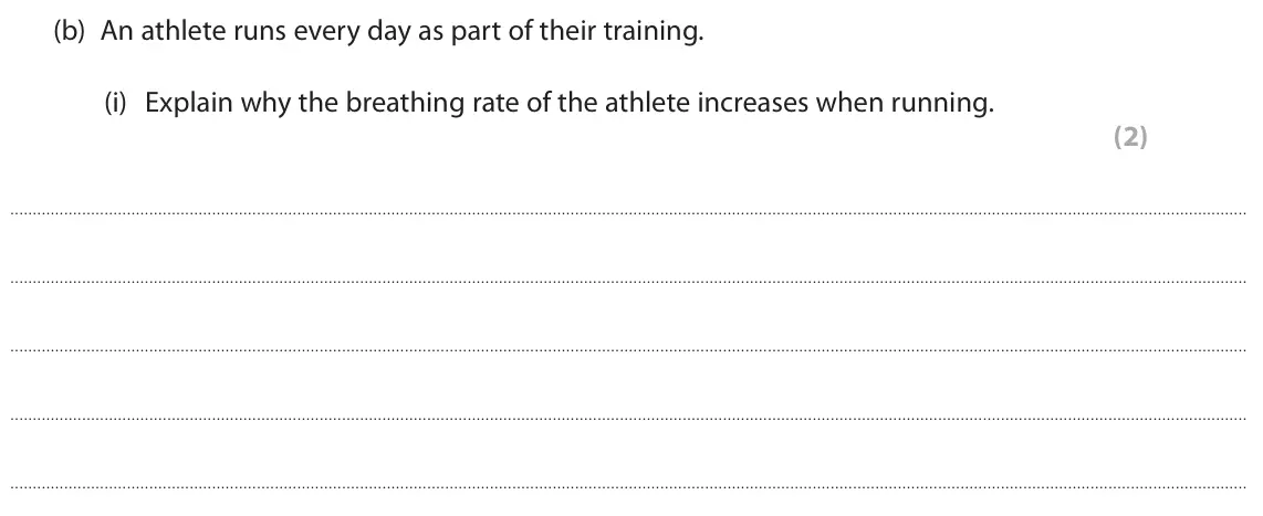 June 2023 Paper 2 Higher, question 3(b)(i): Explain why the breathing rate of the athlete increases when running. (2)