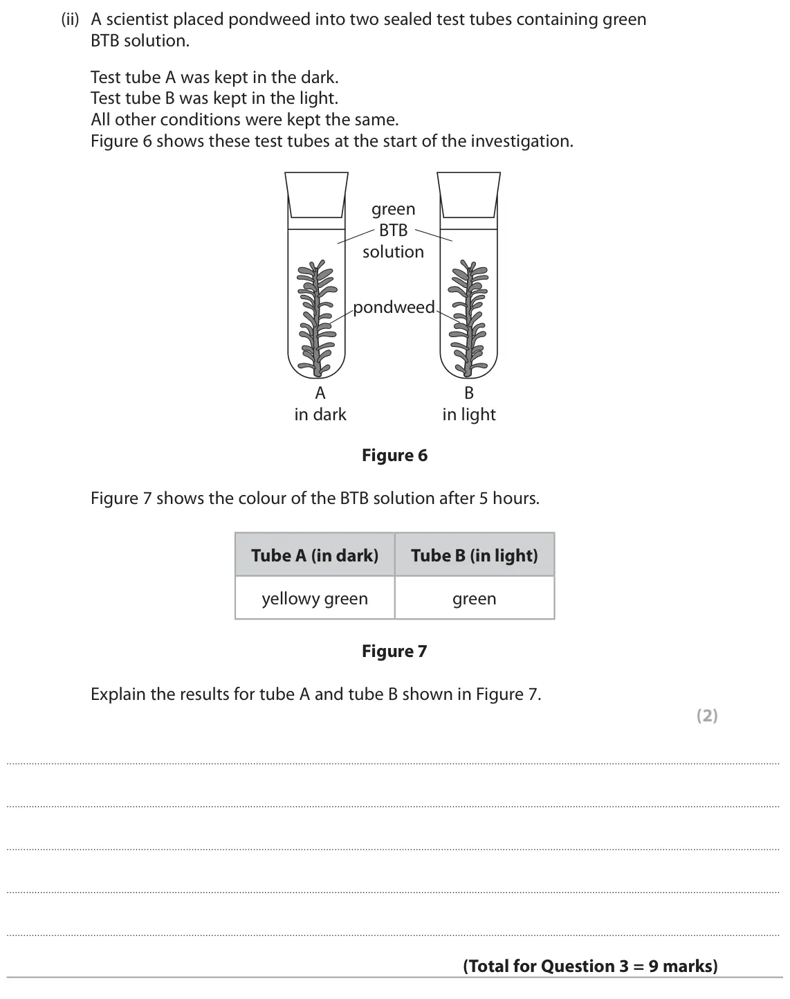June 2023 Paper 2 Higher, question 3(c)(ii): A scientist placed pondweed into two sealed test tubes containing green BTB solution. Test tube A was kept in the dark. Test tube B was kept in the light. All o