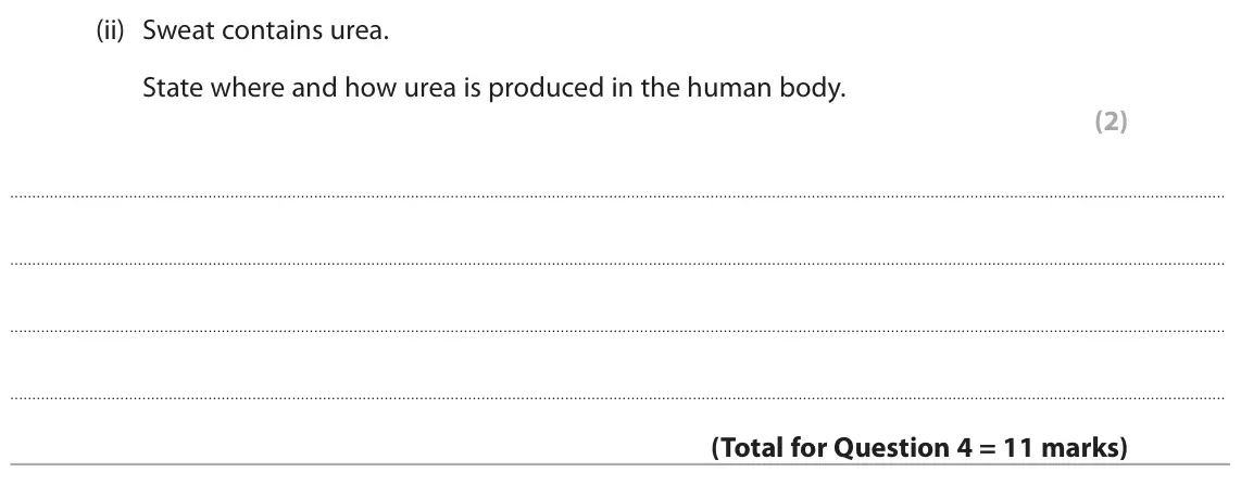 June 2023 Paper 2 Higher, question 4(c)(ii): Sweat contains urea. State where and how urea is produced in the human body. (2)