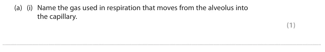 June 2023 Paper 2 Higher, question 6(a)(i): Name the gas used in respiration that moves from the alveolus into the capillary. (1)