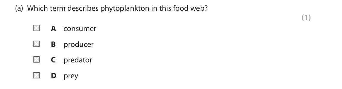 June 2023 Paper 2 Higher, question 7(a): Which term describes phytoplankton in this food web? (1) A consumer B producer C predator D prey