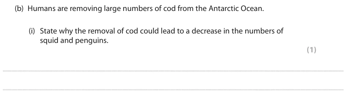 June 2023 Paper 2 Higher, question 7(b)(i): State why the removal of cod could lead to a decrease in the numbers of squid and penguins. (1)