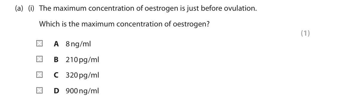 June 2023 Paper 2 Higher, question 8(a)(i): The maximum concentration of oestrogen is just before ovulation. Which is the maximum concentration of oestrogen? (1) A 8 ng/ml B 210 pg/ml C 320 pg/ml D 900 ng