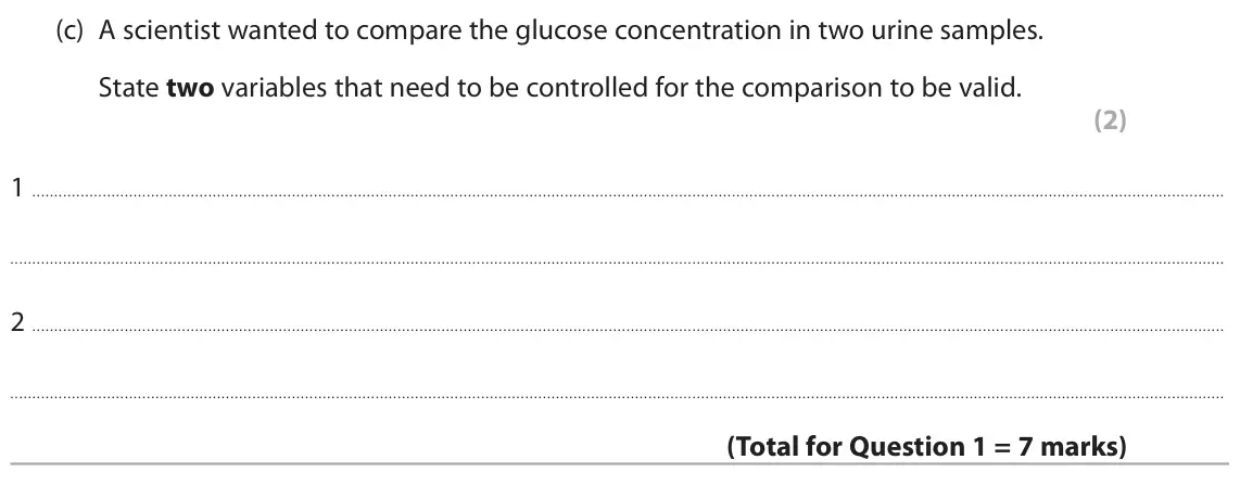 June 2024 Paper 2 Higher, question 1(c): A scientist wanted to compare the glucose concentration in two urine samples. State two variables that need to be controlled for the comparison to be valid. (2)