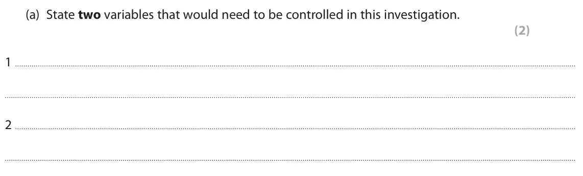 June 2024 Paper 2 Higher, question 4(a): State two variables that would need to be controlled in this investigation. (2) 1 2