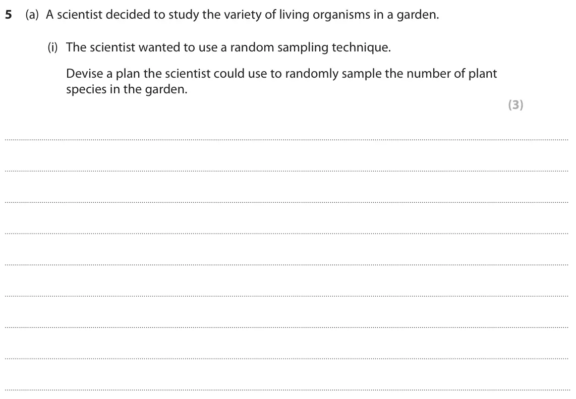 June 2024 Paper 2 Higher, question 5(a)(i): The scientist wanted to use a random sampling technique. Devise a plan the scientist could use to randomly sample the number of plant species in the garden. (3)