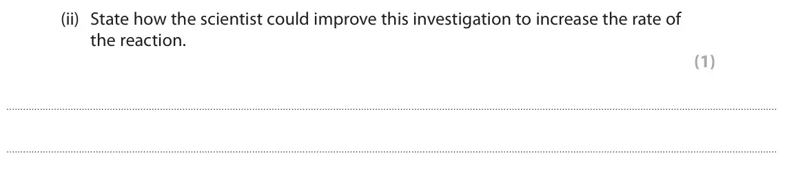 June 2024 Paper 2 Higher, question 6(a)(ii): State how the scientist could improve this investigation to increase the rate of the reaction. (1)