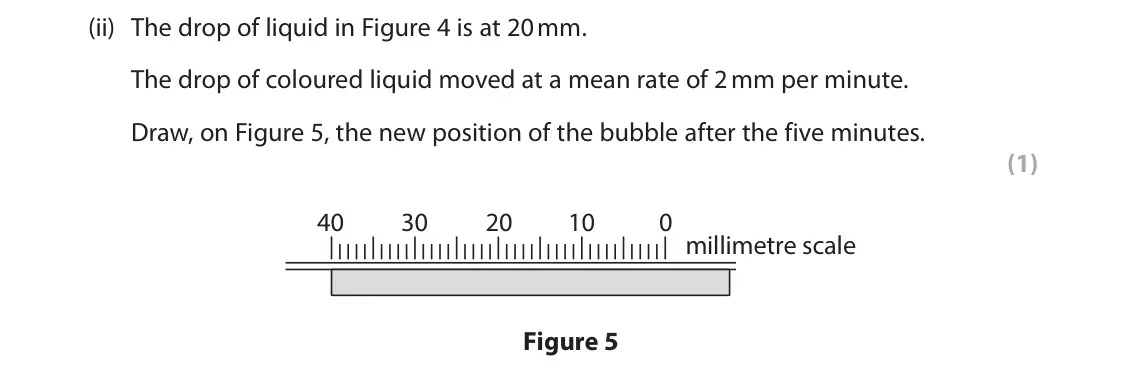 June 2025 Paper 2 Higher, question 2(c)(ii): The drop of liquid in Figure 4 is at 20 mm. The drop of coloured liquid moved at a mean rate of 2 mm per minute. Draw, on Figure 5, the new position of the bubb