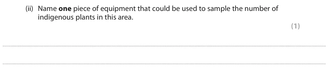 June 2025 Paper 2 Higher, question 3(a)(ii): Name one piece of equipment that could be used to sample the number of indigenous plants in this area. (1)